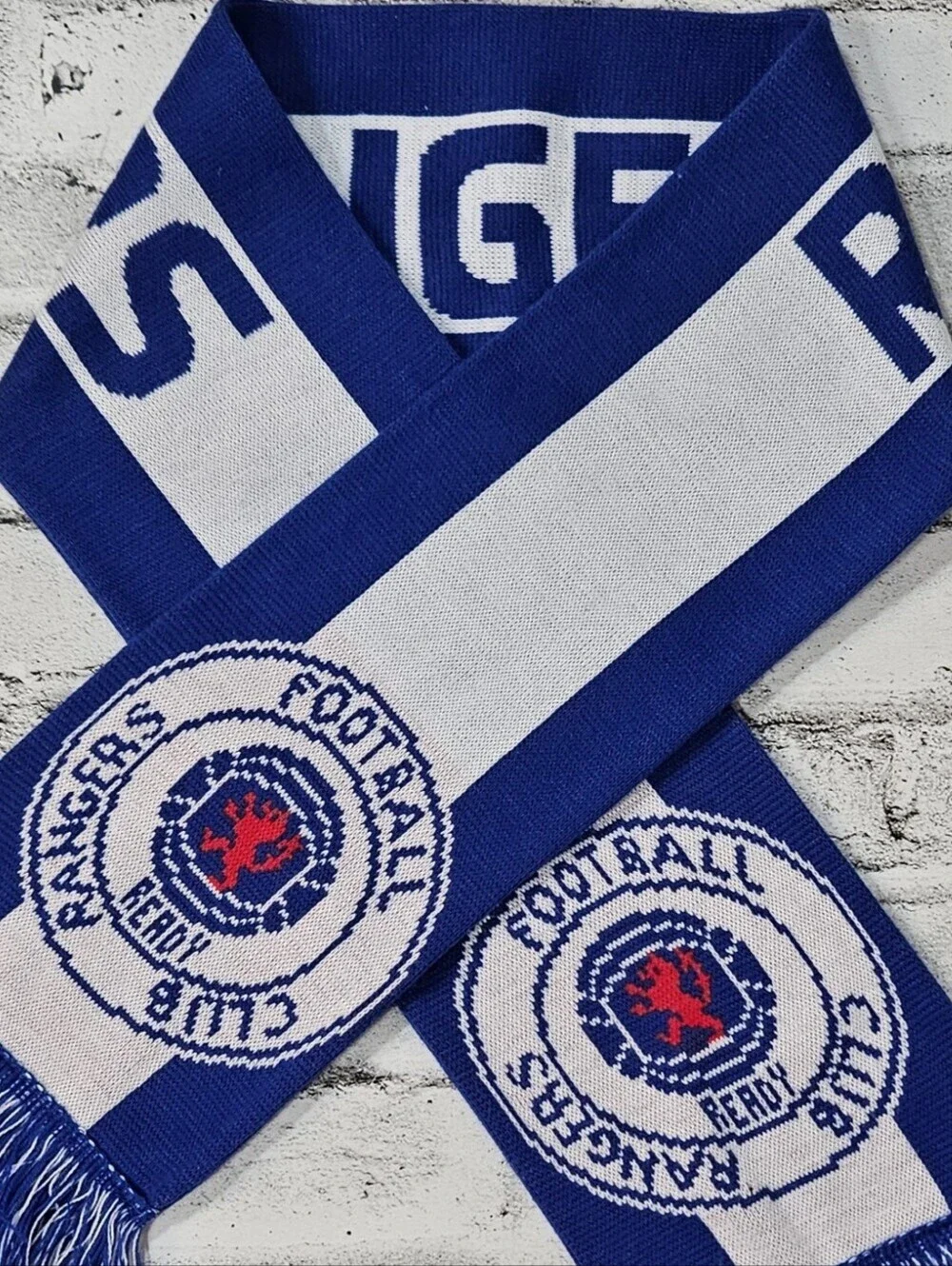 Rangers FC Football Scarf Blue White Knit Supporter Soccer Fan Fringe